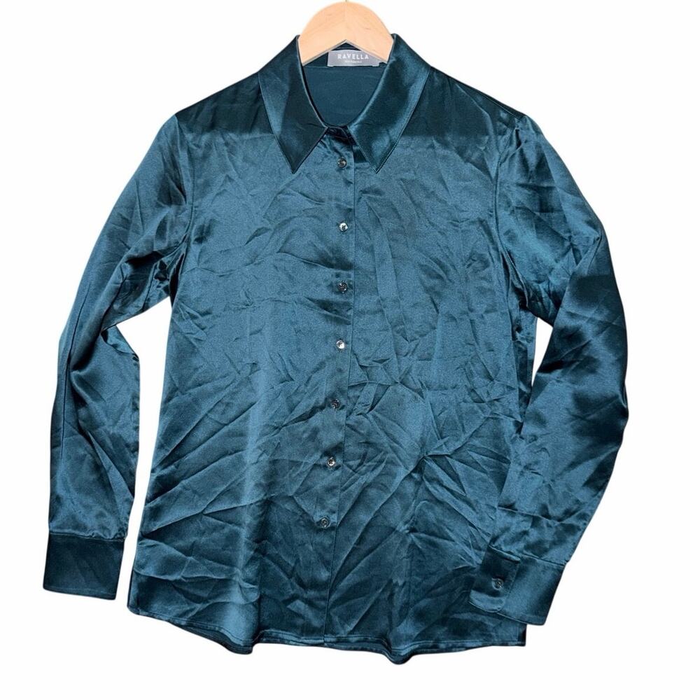 Ravella 100% pure silk long sleeve button front teal green blouse top small